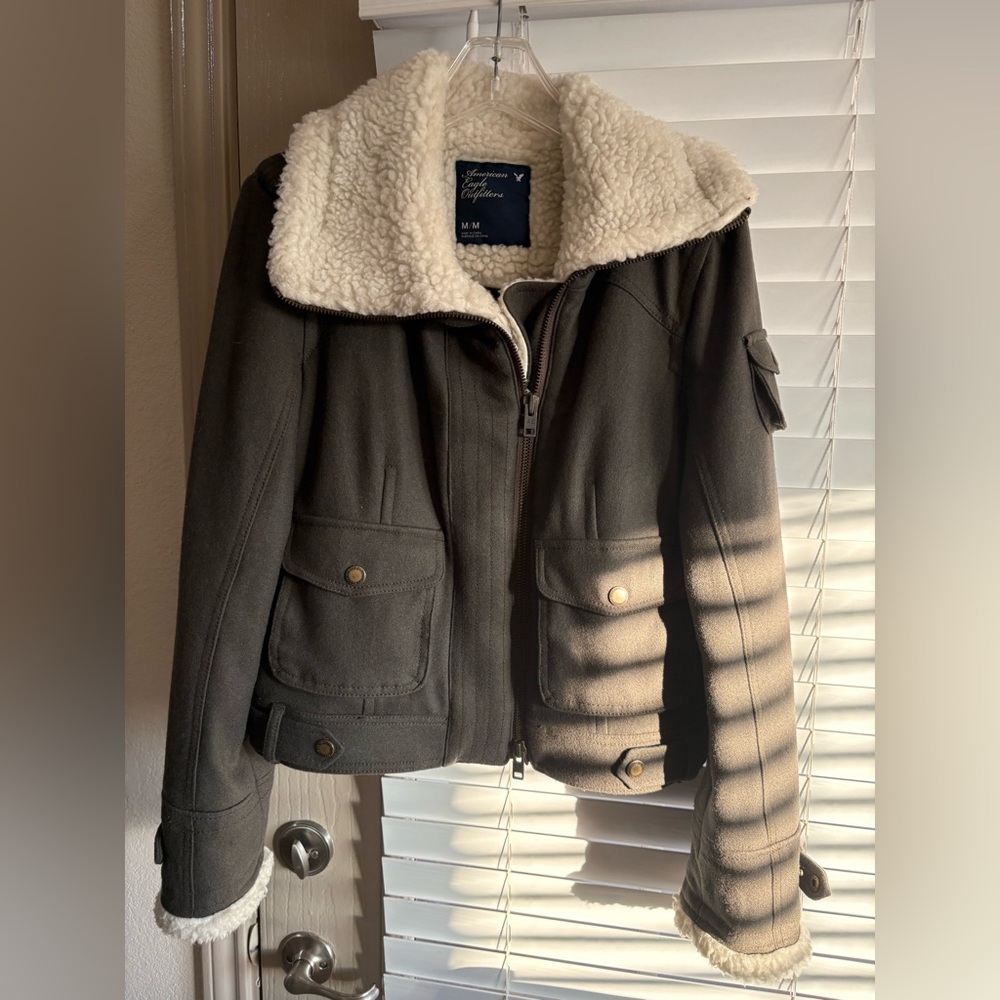 American Eagle Outfitters Women's Dark Gray Utility Jacket with Shearling Collar
